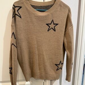 Women's Tan Star Pattern Crewneck Sweater
